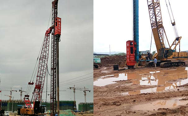 液压打桩锤以油液压力为驱动力,可按地质构造土层不一样调节液压,以实现适度地撞击力开展桩基施工,是一种新式打桩机。液压打桩机由桩锤、桩架及附加机器设备等构成