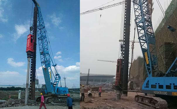 液压打桩锤以油液压力为驱动力,可按地质构造土层不一样调节液压,以实现适度地撞击力开展桩基施工,是一种新式打桩机。液压打桩机由桩锤、桩架及附加机器设备等构成