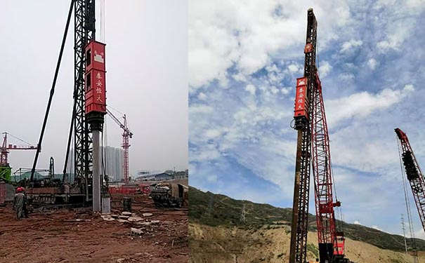 恒大机械夯神打桩机打桩锤的型号是HH系列,HH720液压打桩锤冲击能量720KJ,锤体重量50t,可以打混凝土预制桩、钢护筒桩、方桩、原装、工字钢桩等多种桩型,沉桩效率高,可远程控制